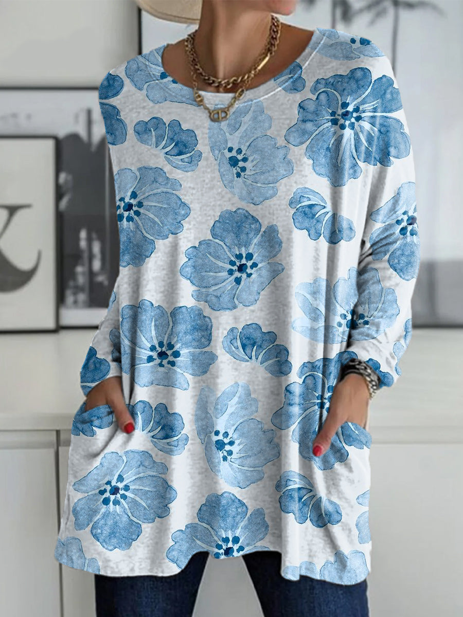 Women's Flower Ink Print Casual Long Sleeve Comfortable Cotton Shirt