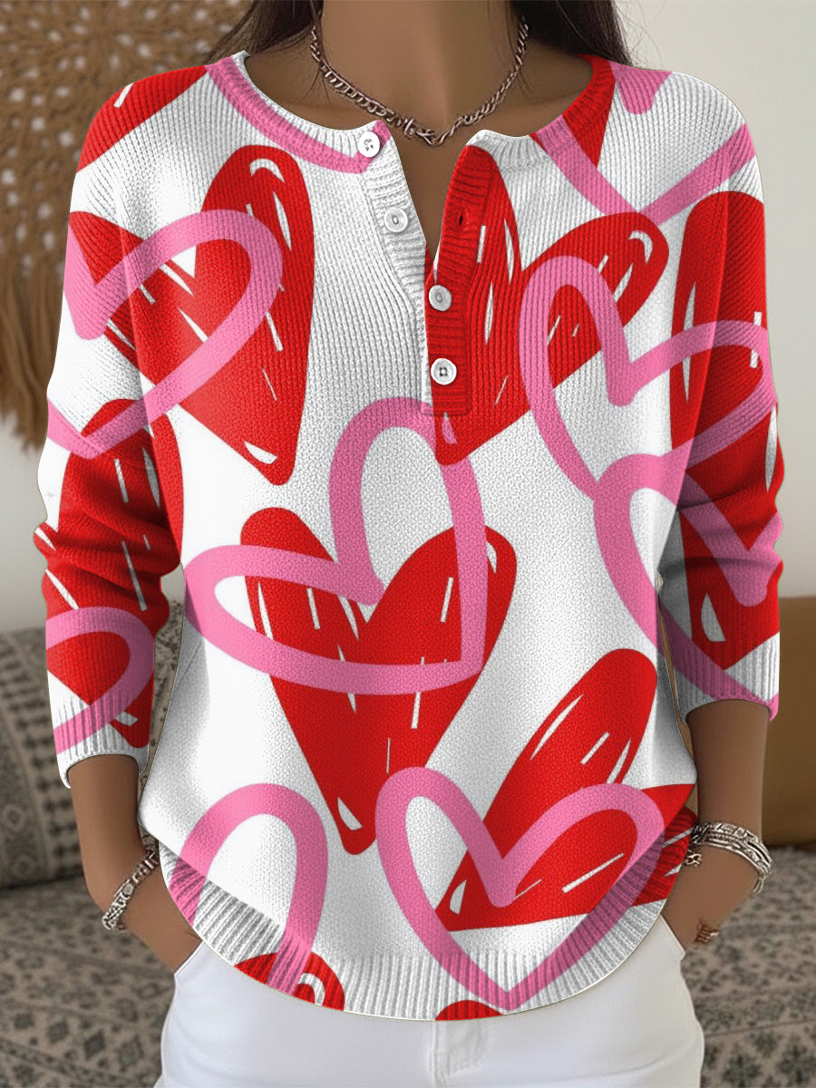Valentine's Day Heart-shaped Decorative Patterns Casual Cardigan Collar Long Sleeve Sweater