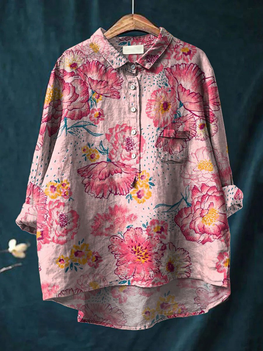 Women's  Flower Print Casual Cotton And Linen Shirt