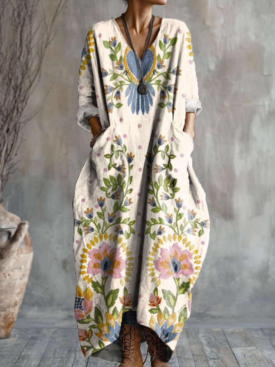 Women's Nationality Floral Art Pattern Print Pocket V-neck Cotton Dress