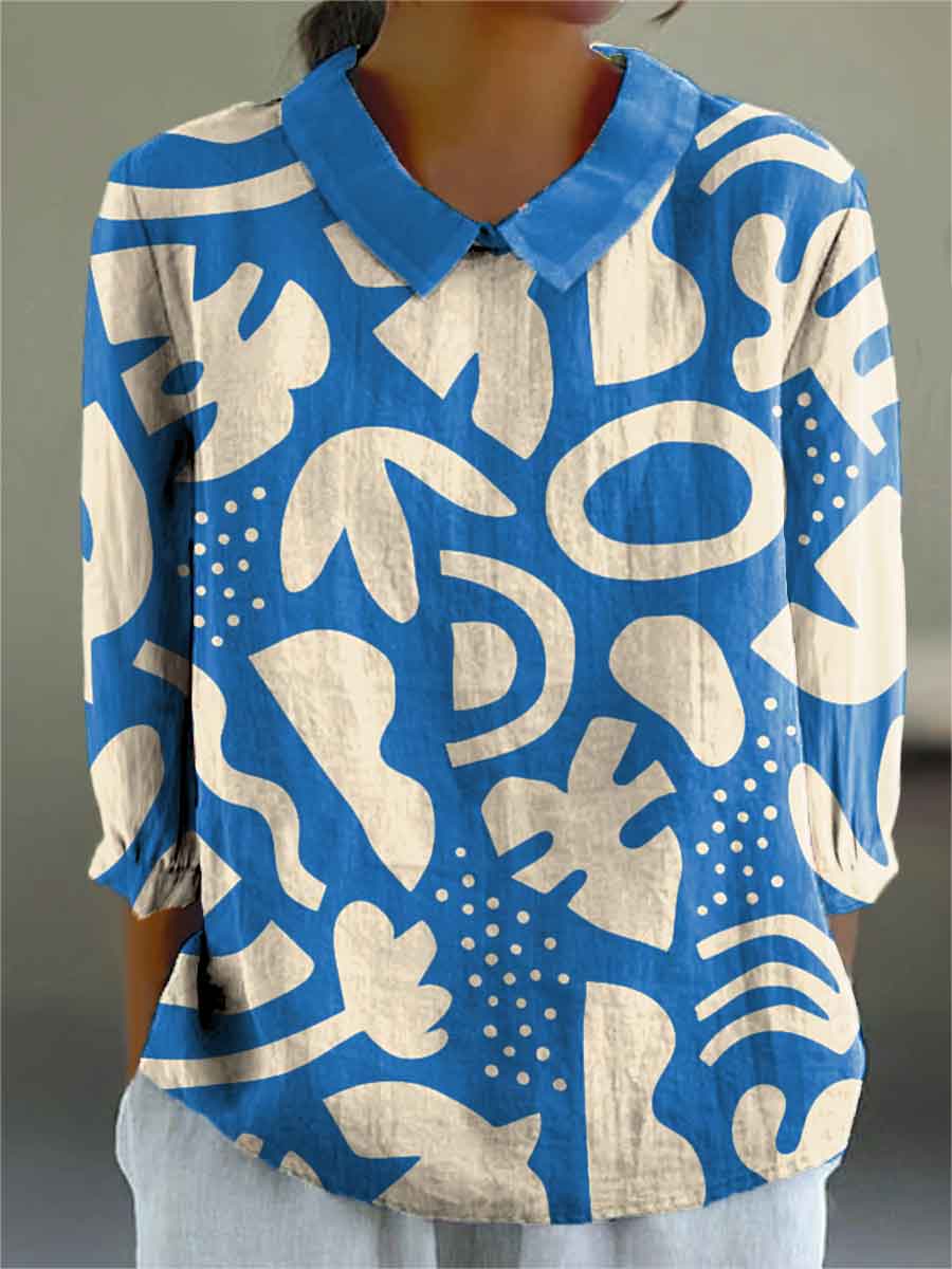 Women's Abstract Floral Pattern Print Casual Cotton And Linen 3/4 Sleeve Shirt