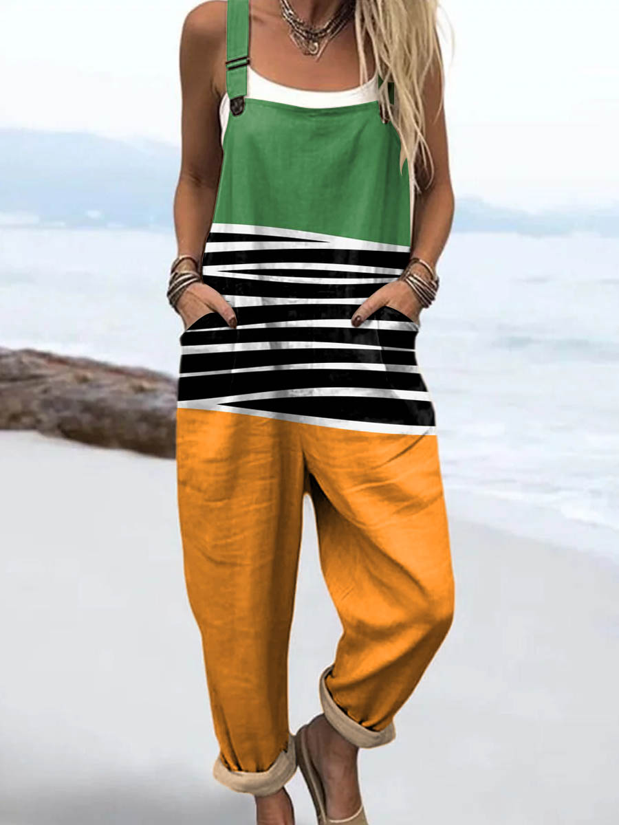 Women's Abstract Pattern Art Print Casual 100% Cotton Wide Leg Jumpsuit