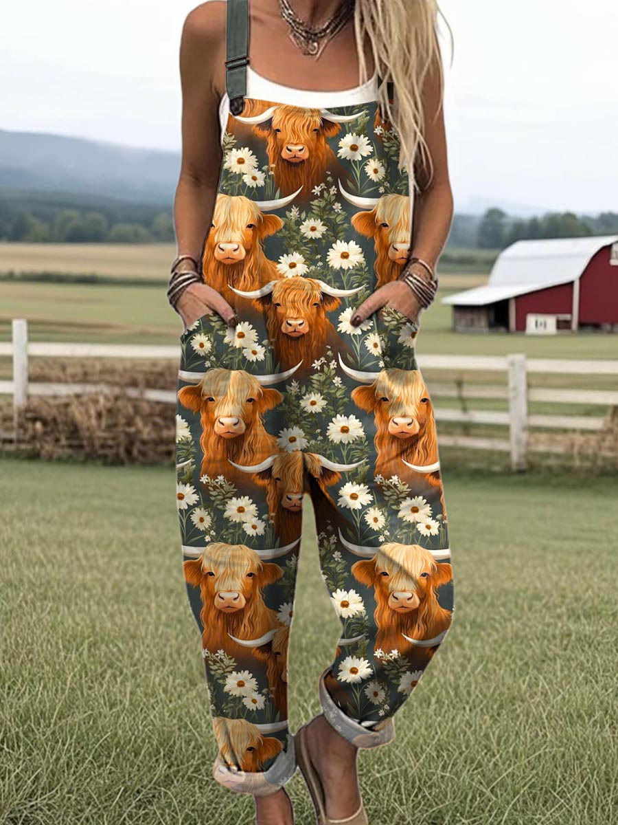 Women's Lovely Floral Highland Cow Pattern Art Print Casual 100% Cotton Wide Leg Jumpsuit