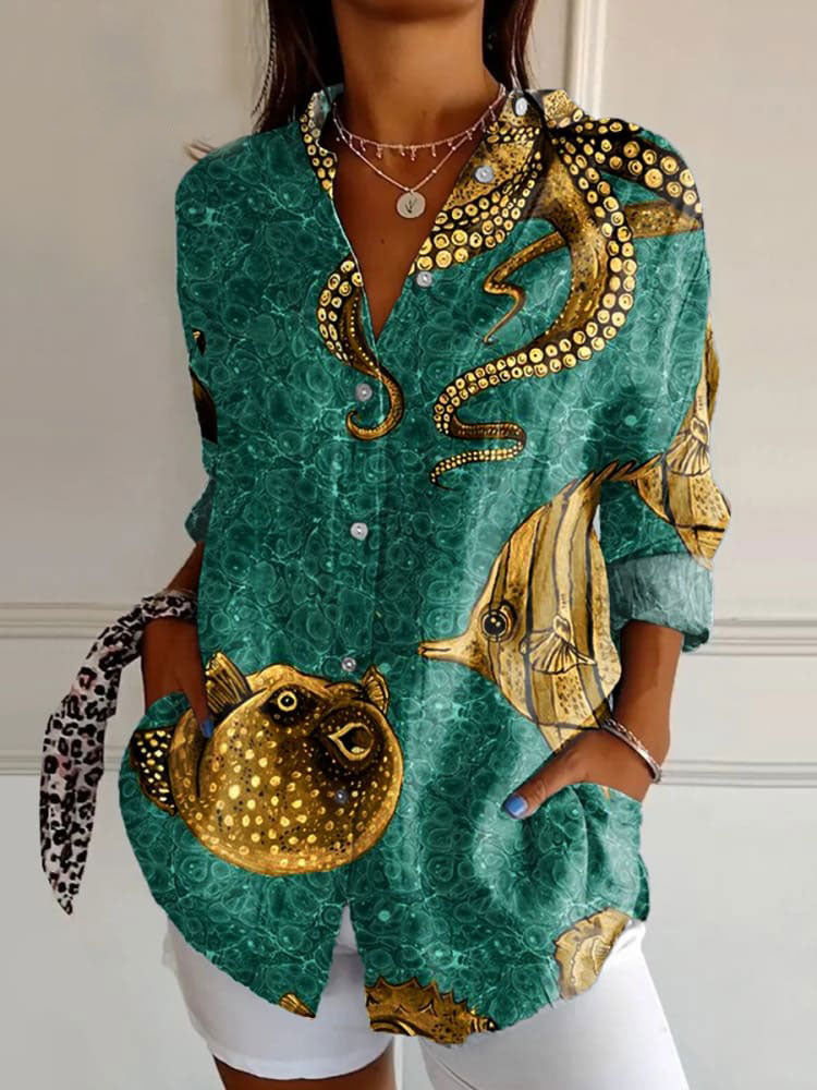 Women's  Fish  Art Print Casual Cotton Shirt