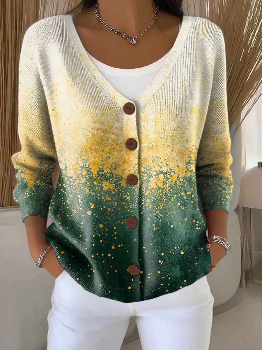 Gradient Colors Print Buttoned V-neck Cardigan Sweater