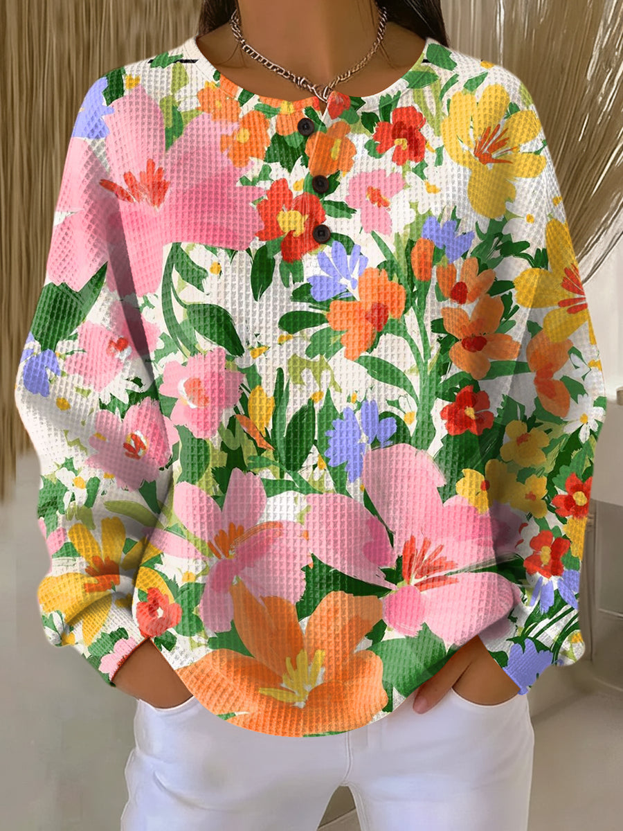 Women's Beautiful Colorful Floral Painting Art Print Casual Cotton Sweatshirt