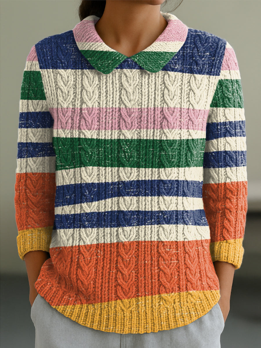 womens-abstract-colorful-stripes-painting-art-print-casual-peter-pan-collar-3-4-sleeve-sweater-u3g4