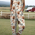 Women's Lovely Cow Floral Art Print Casual 100% Cotton Wide Leg Jumpsuit