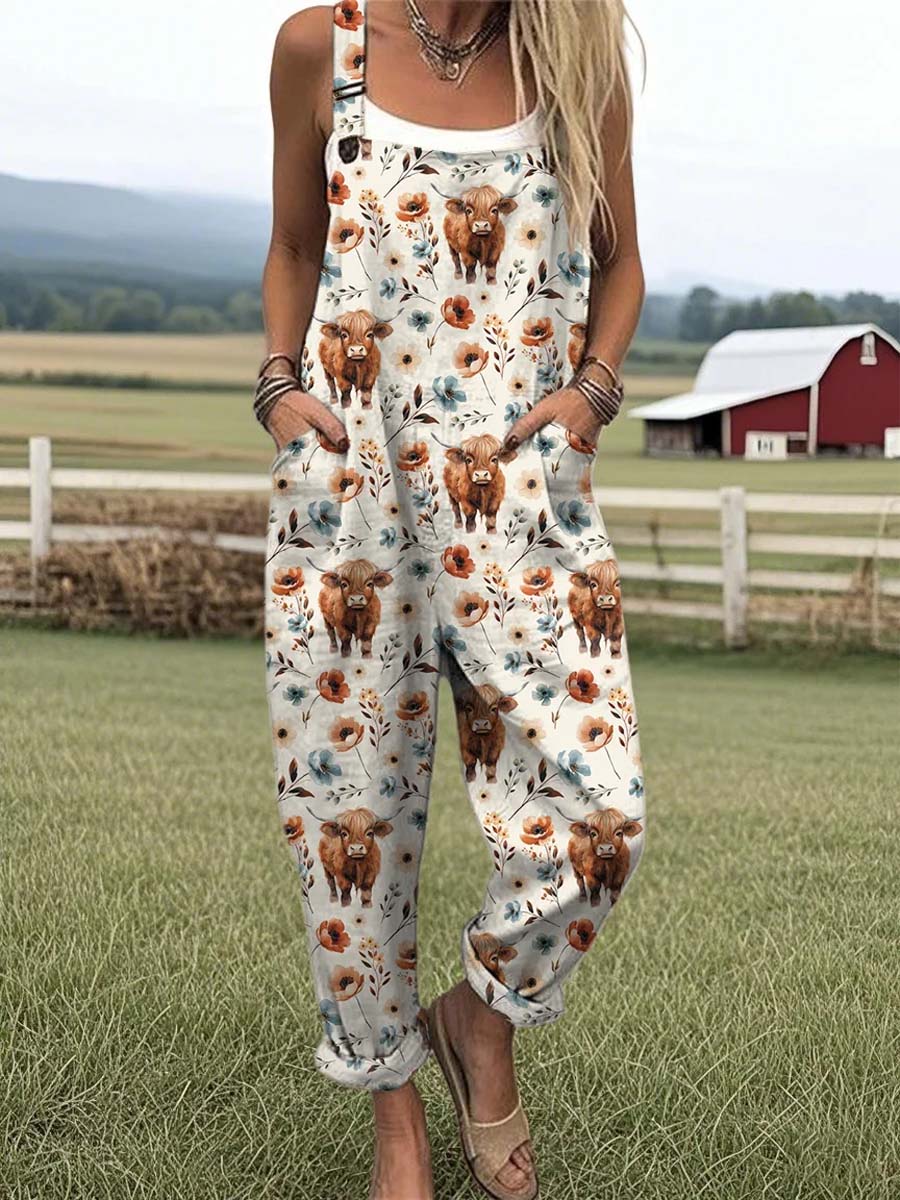Women's Lovely Cow Floral Art Print Casual 100% Cotton Wide Leg Jumpsuit