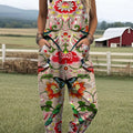 Women's  Vintage Floral Art Print Casual 100% Cotton Wide Leg Jumpsuit