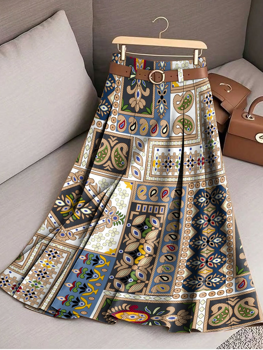Women's Beautiful Vintage Ethnic Diamond Geometric Check Art Print Cotton Skirt
