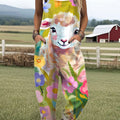 Women's Funny Floral Sheep Art Print Casual 100% Cotton Wide Leg Jumpsuit