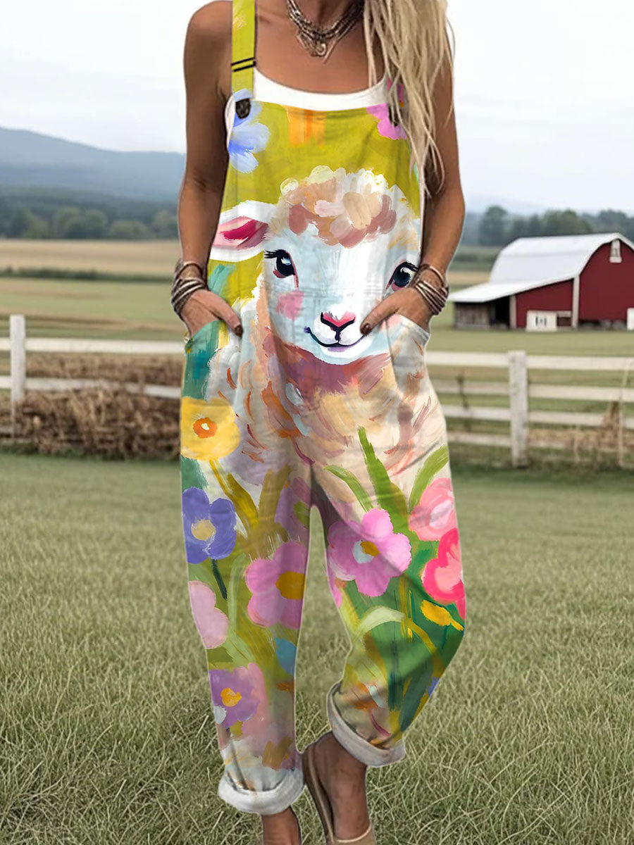 Women's Funny Floral Sheep Art Print Casual 100% Cotton Wide Leg Jumpsuit