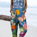 Women's Vintage Lovely Floral Pattern Art Print Casual 100% Cotton Wide Leg Jumpsuit