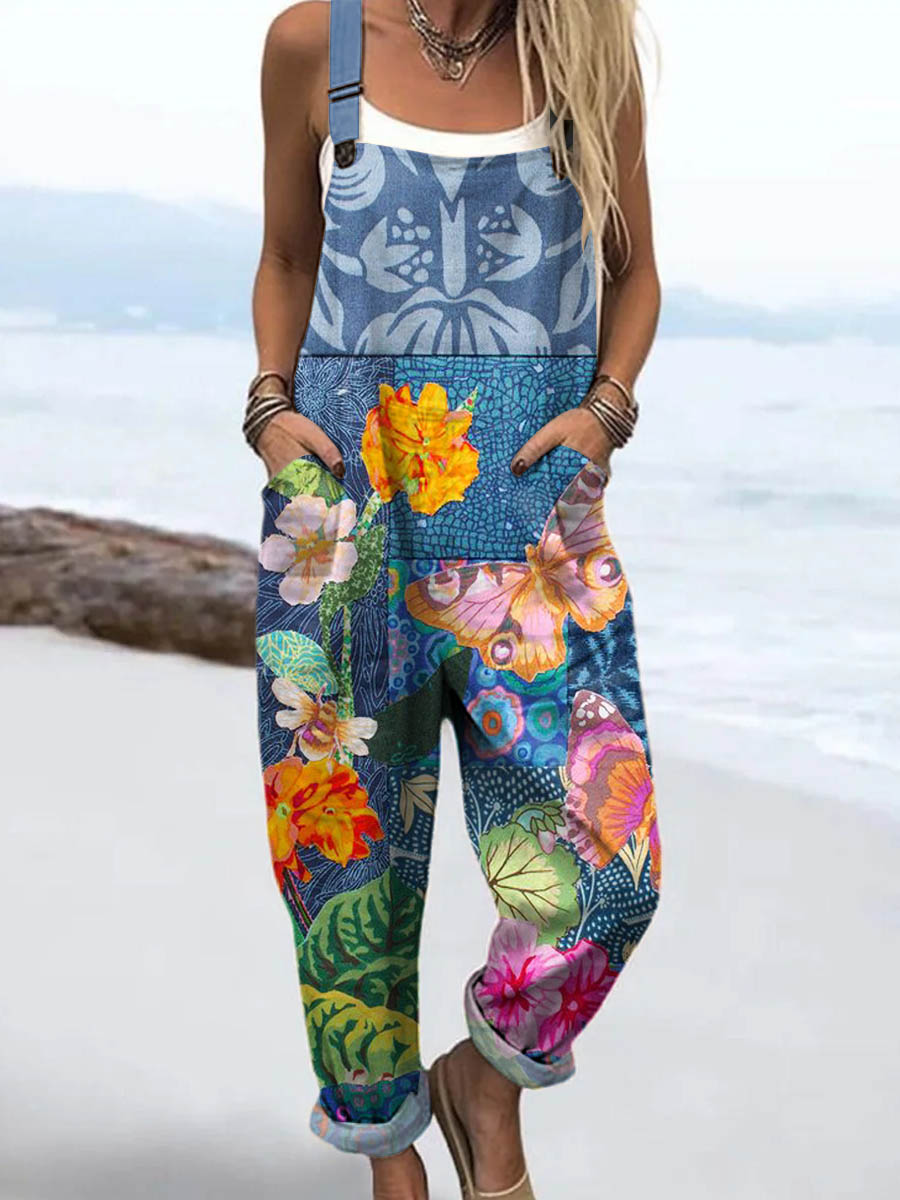 Women's Vintage Lovely Floral Pattern Art Print Casual 100% Cotton Wide Leg Jumpsuit