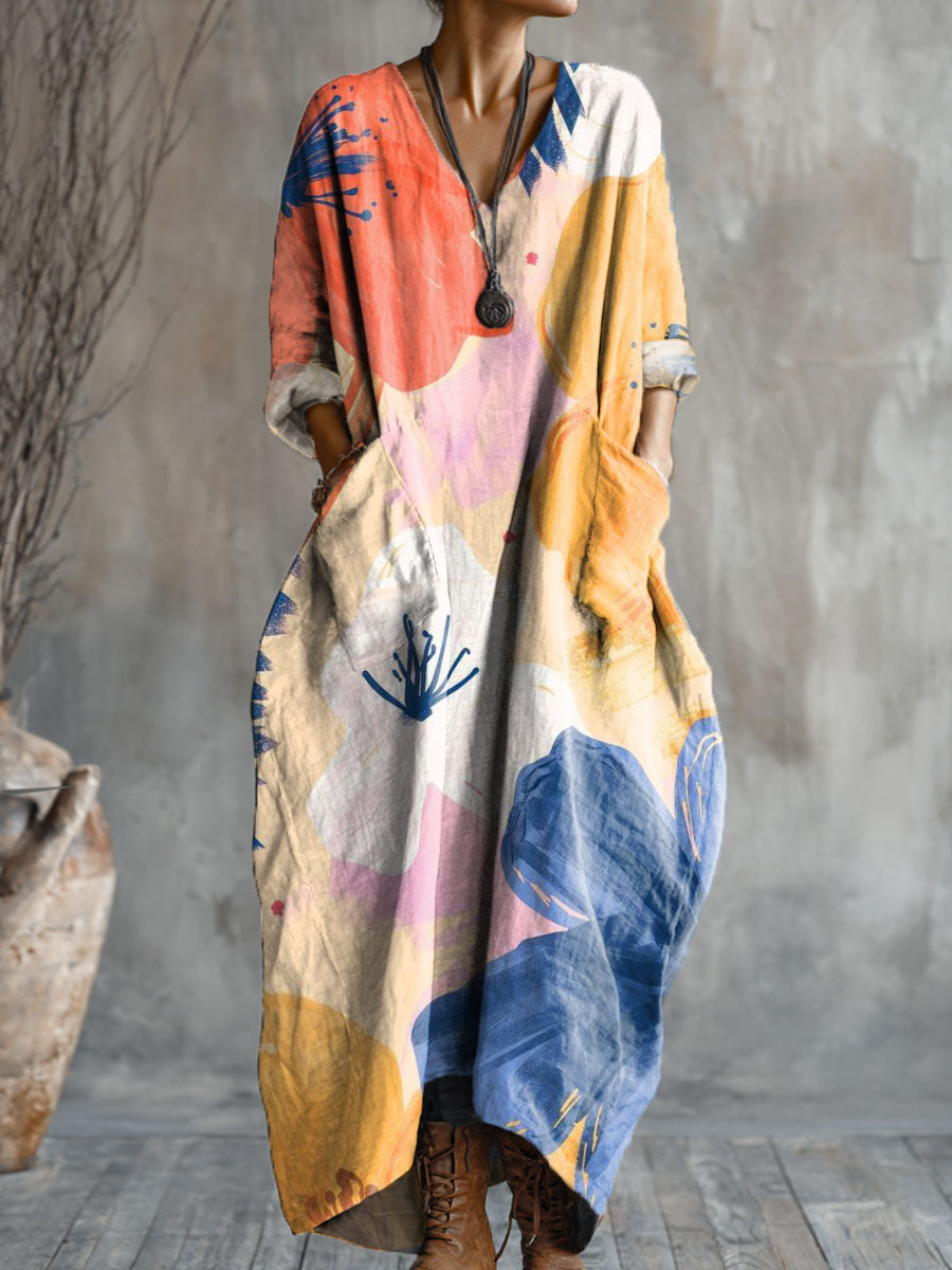 Women's Ink-Style Large Floral Art Pattern Print Pocket V-neck Cotton Dress