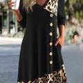 Black Button Leopard A Line 3/4 Sleeve Dress