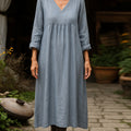 Women's Solid Color V-Neck Long Sleeve Casual Loose Cotton and Linen Dress
