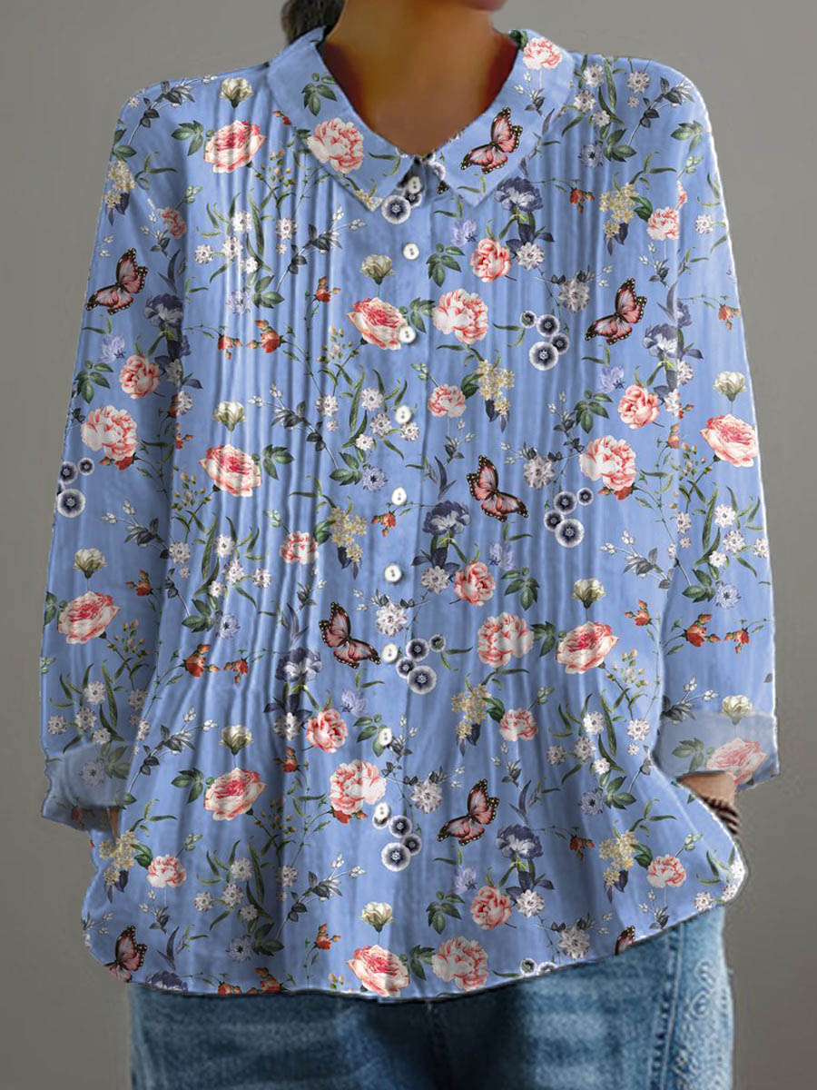 Women's Lovely Butterfly Floral Art Casual Cotton And Linen Ruffle Shirt