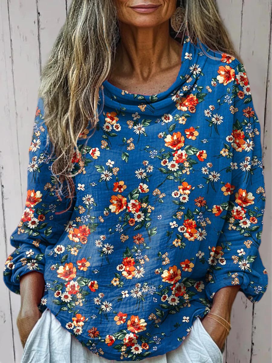 Women's Vintage Floral Art Print Casual Long Sleeve Comfortable Cotton Shirt