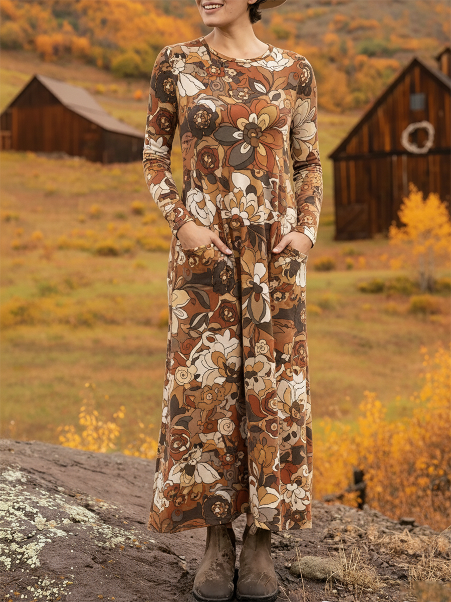 Women's Retro Flower Pocket Stretch Dress Mocha