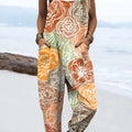 Women's Vintage Floral Art Print Casual 100% Cotton Wide Leg Jumpsuit