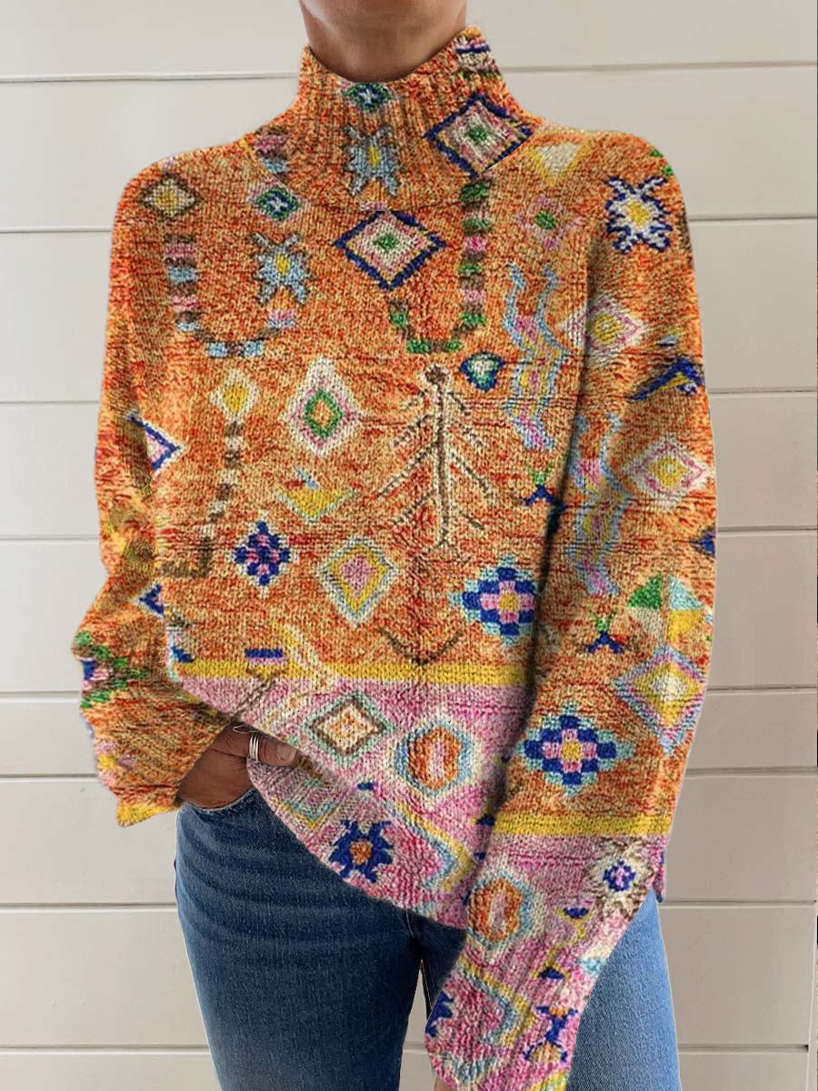 womens-retro-ethnic-art-patterns-print-knit-turtleneck-pullover-sweater-jjzm