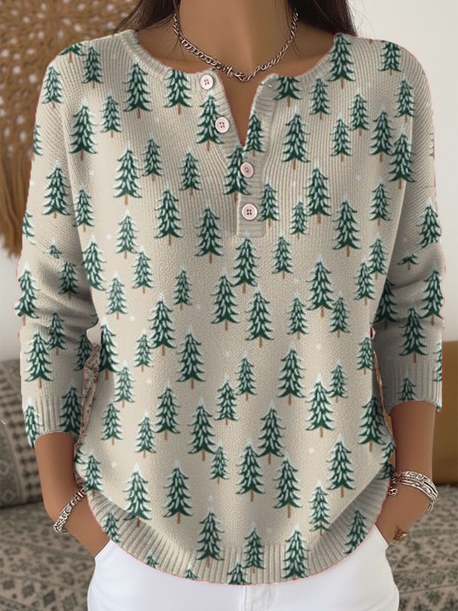 Vintage Christmas Tree Art Print Buttoned Cardigan Sweater
