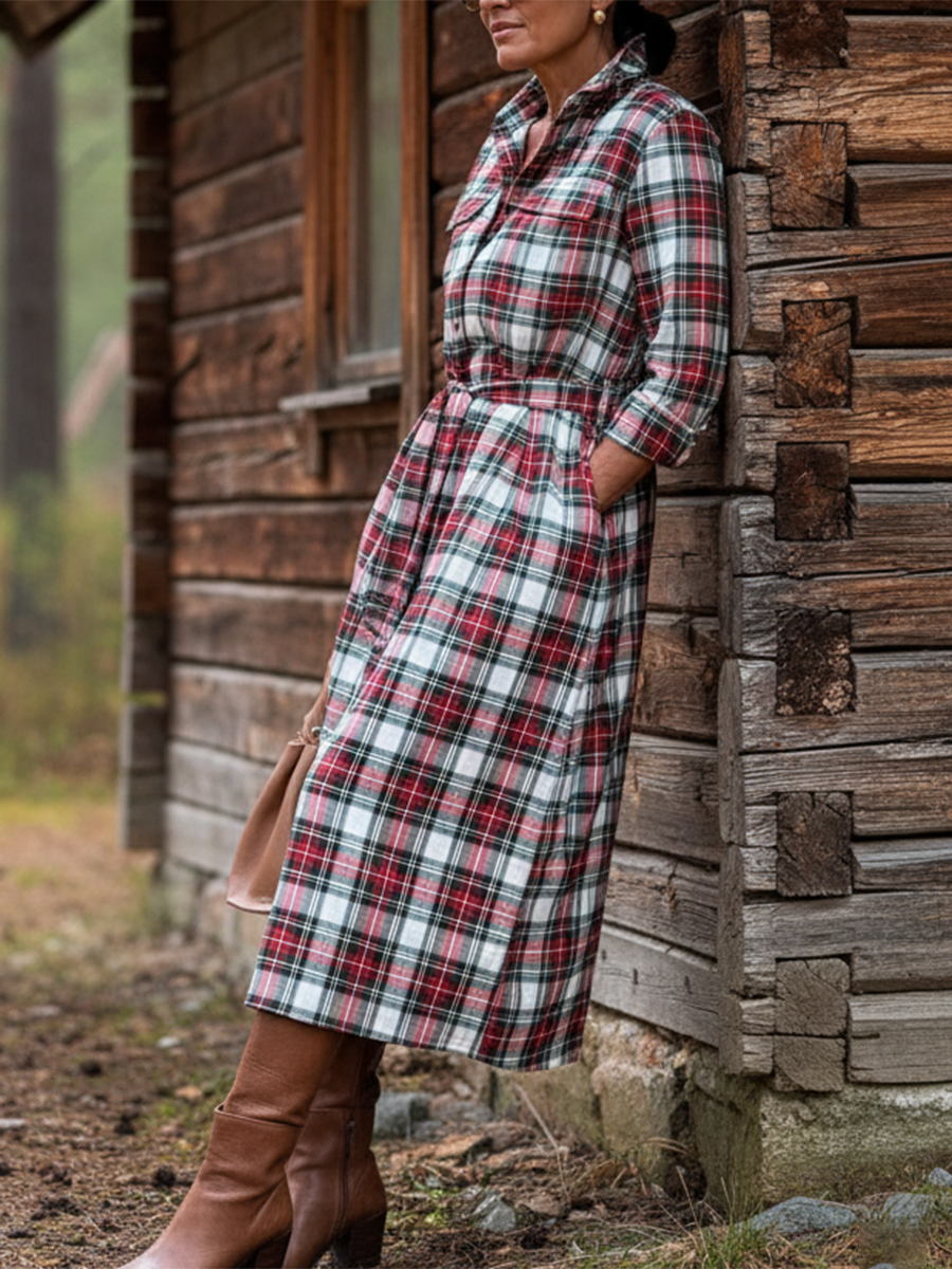 Women's Retro Contrast Color Plaid Shirt Cotton Dress
