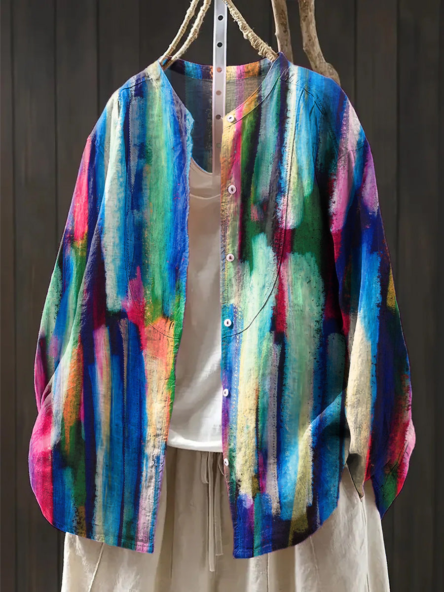 Women's Abstract Colorful Stripes Graffiti Painting Art Print Casual Cotton And Linen Ruffle Shirt