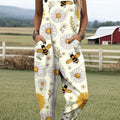 Women's Retro Art Floral Bees Print Casual 100% Cotton Wide Leg Jumpsuit