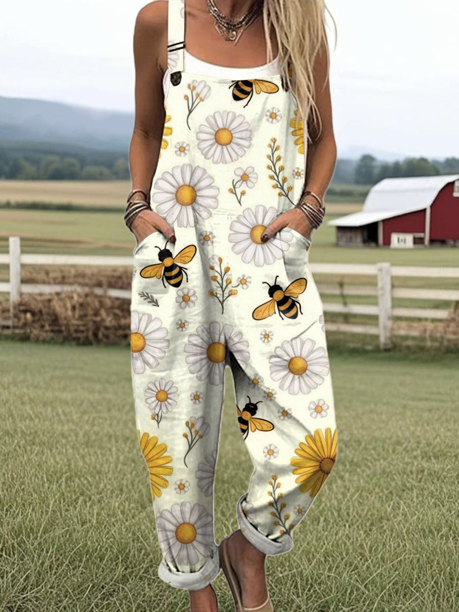 Women's Retro Art Floral Bees Print Casual 100% Cotton Wide Leg Jumpsuit