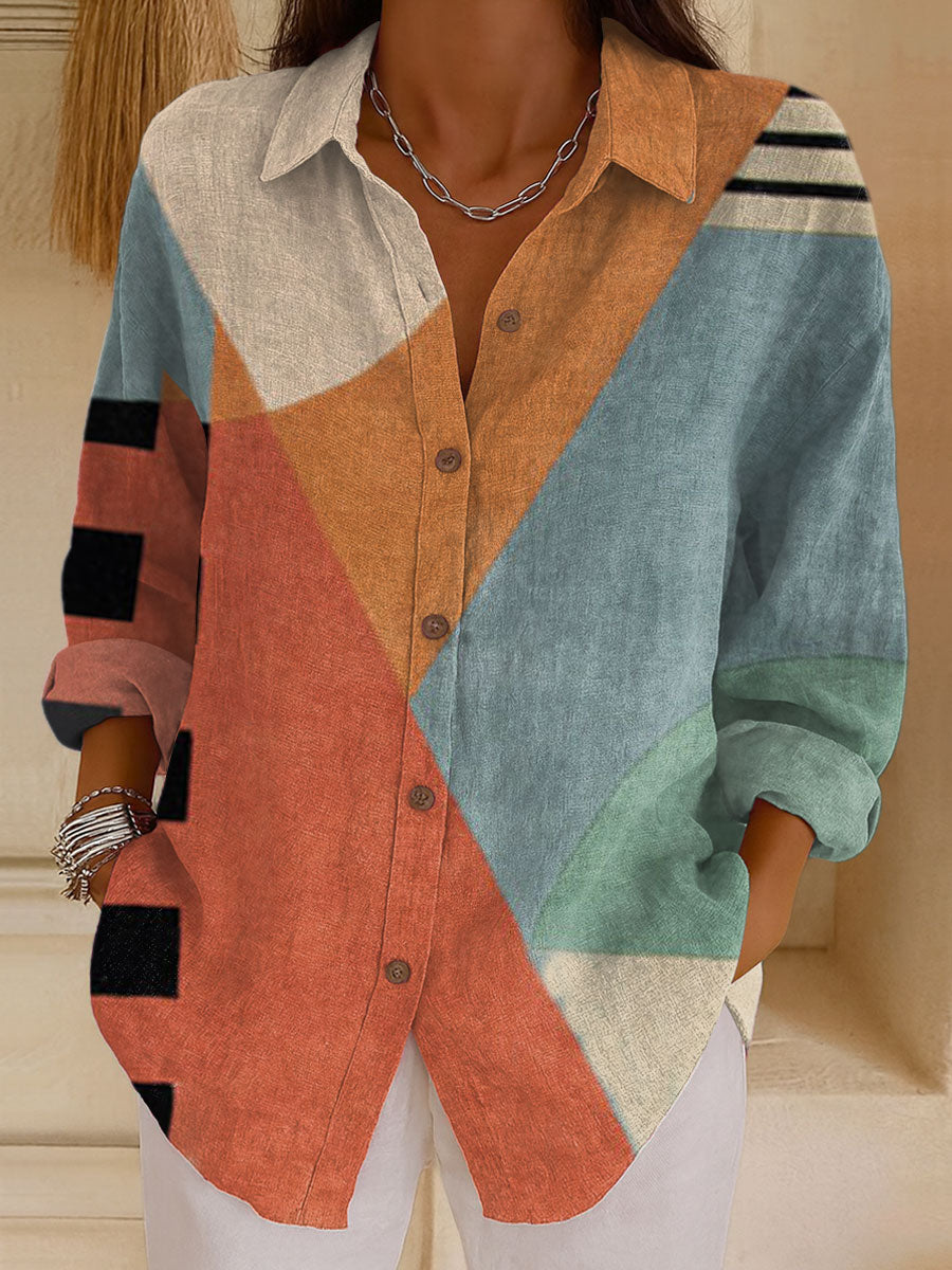 Women's  Vintage Abstract Geometry Art Print Casual Cotton Shirt