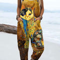 Women's  Vintage Cat  Art Print Casual 100% Cotton Wide Leg Jumpsuit