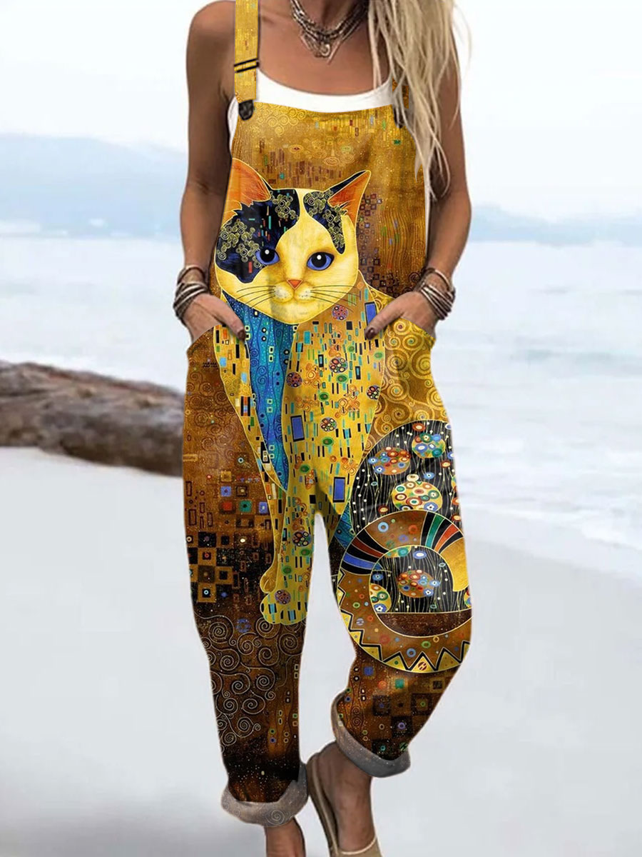 Women's  Vintage Cat  Art Print Casual 100% Cotton Wide Leg Jumpsuit