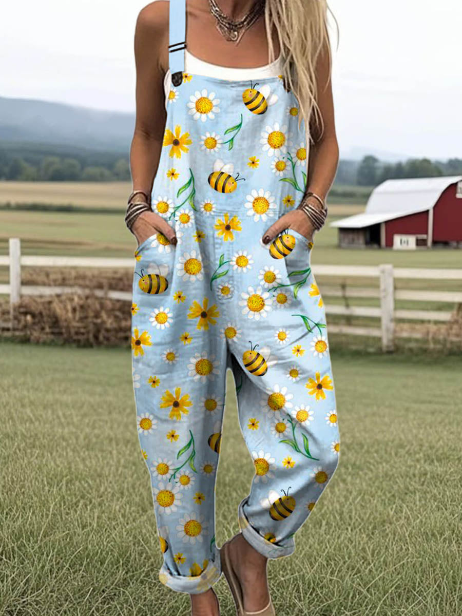 Women's Lovely Bees Floral Art Print Casual 100% Cotton Wide Leg Jumpsuit