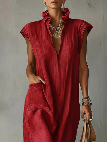 Elegant Ruff Collar Fashion Linen Cotton Midi Dress