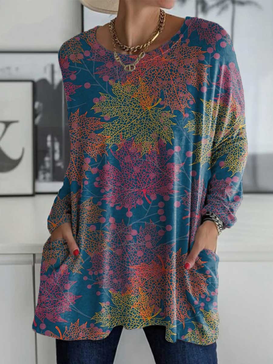 Women's Leaves Pattern Art Print Casual Long Sleeve T-shirt