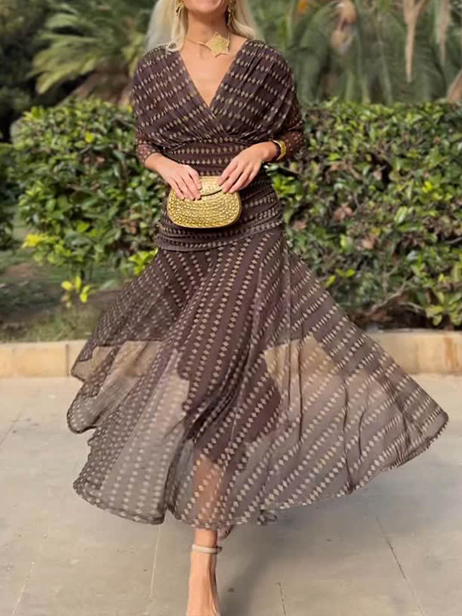 Women's Polka Dot Print V-Neck Long Sleeve Stretch Mesh A-Line Dress