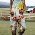 Women's Lovely Cow Art Print Casual 100% Cotton Wide Leg Jumpsuit
