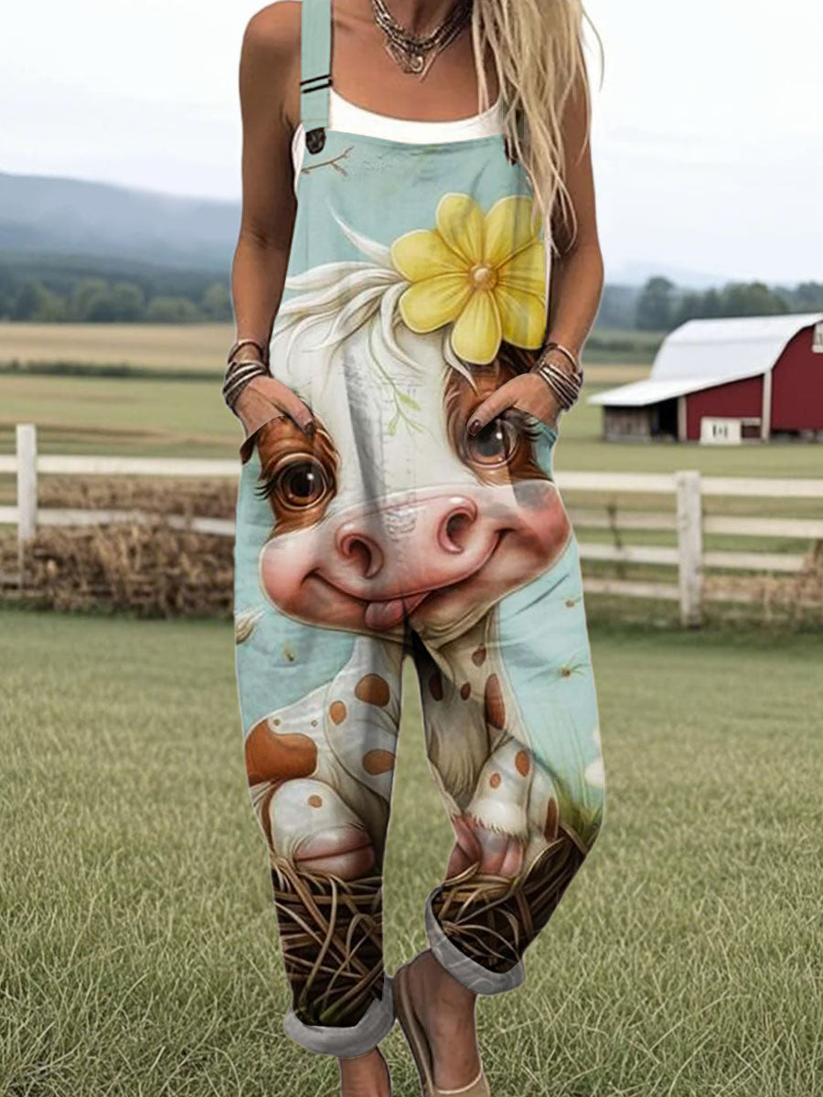 Women's Lovely Cow Art Print Casual 100% Cotton Wide Leg Jumpsuit