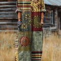 Wunderschönes Vintage-Baumwollkleid mit geometrischem Blumenkaromuster, Kunstdruck, Tasche und V-Ausschnitt 