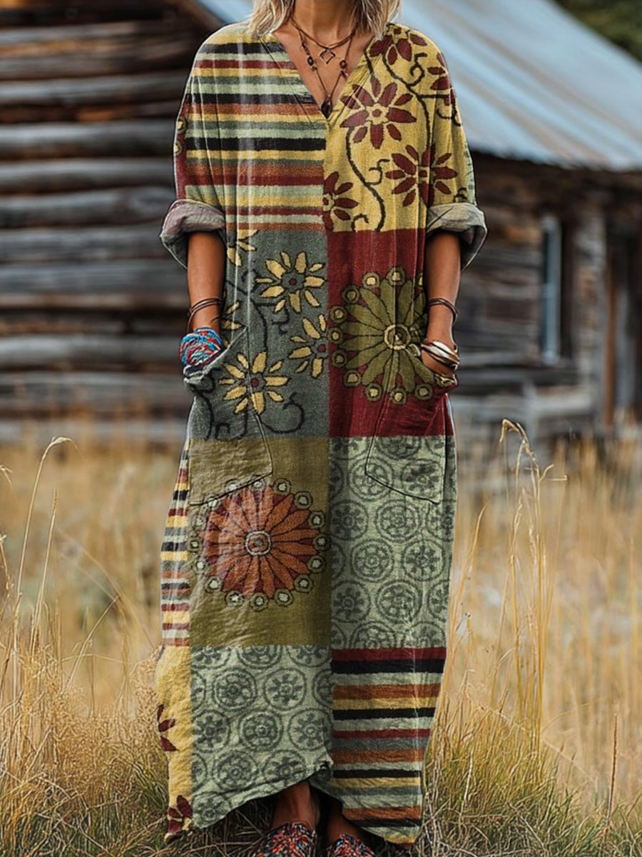 Women's Beautiful Vintage Geometric Floral Plaid Painting Art Print Pocket V-neck Cotton Dress