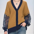 Women's Color-block Lace-paneled V-neck Long-sleeved Casual Loose-fitting Knitted Cardigan