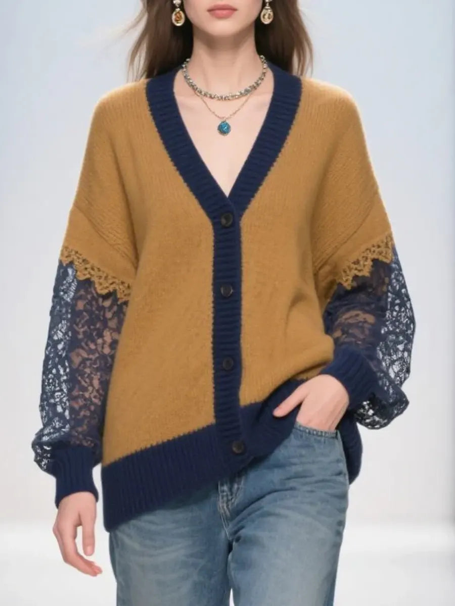 Women's Color-block Lace-paneled V-neck Long-sleeved Casual Loose-fitting Knitted Cardigan
