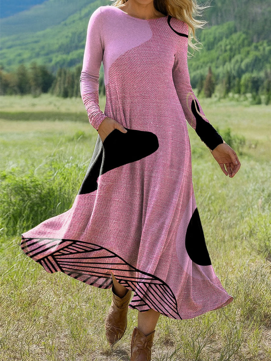 Women's Pink Art Print Long-sleeved Dress