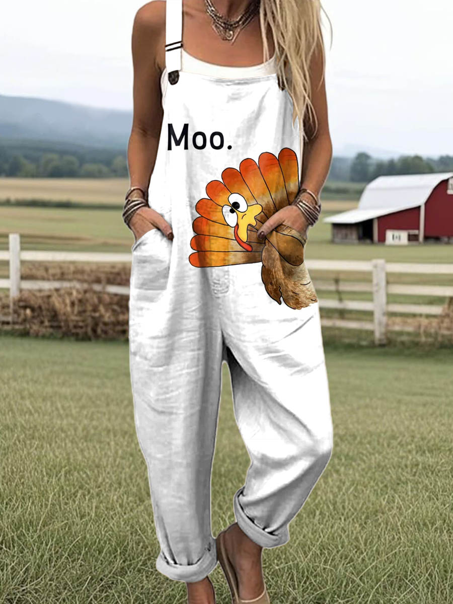 Women's Funny Turkey Art Print Casual 100% Cotton Wide Leg Jumpsuit