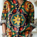 Women's Vintage Ethnic Geometric Pattern Painting Art Print Casual Cotton And Linen Ruffle Shirt