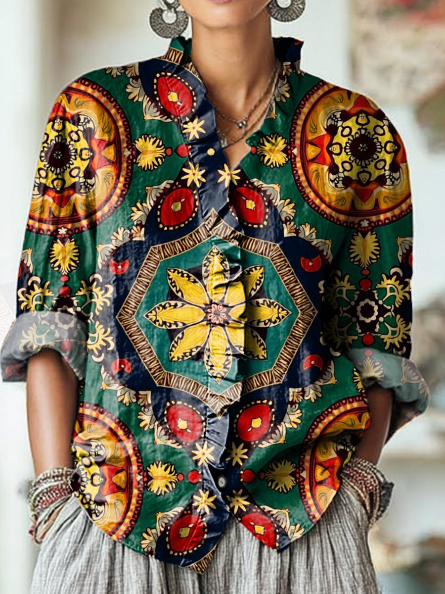 Women's Vintage Ethnic Geometric Pattern Painting Art Print Casual Cotton And Linen Ruffle Shirt