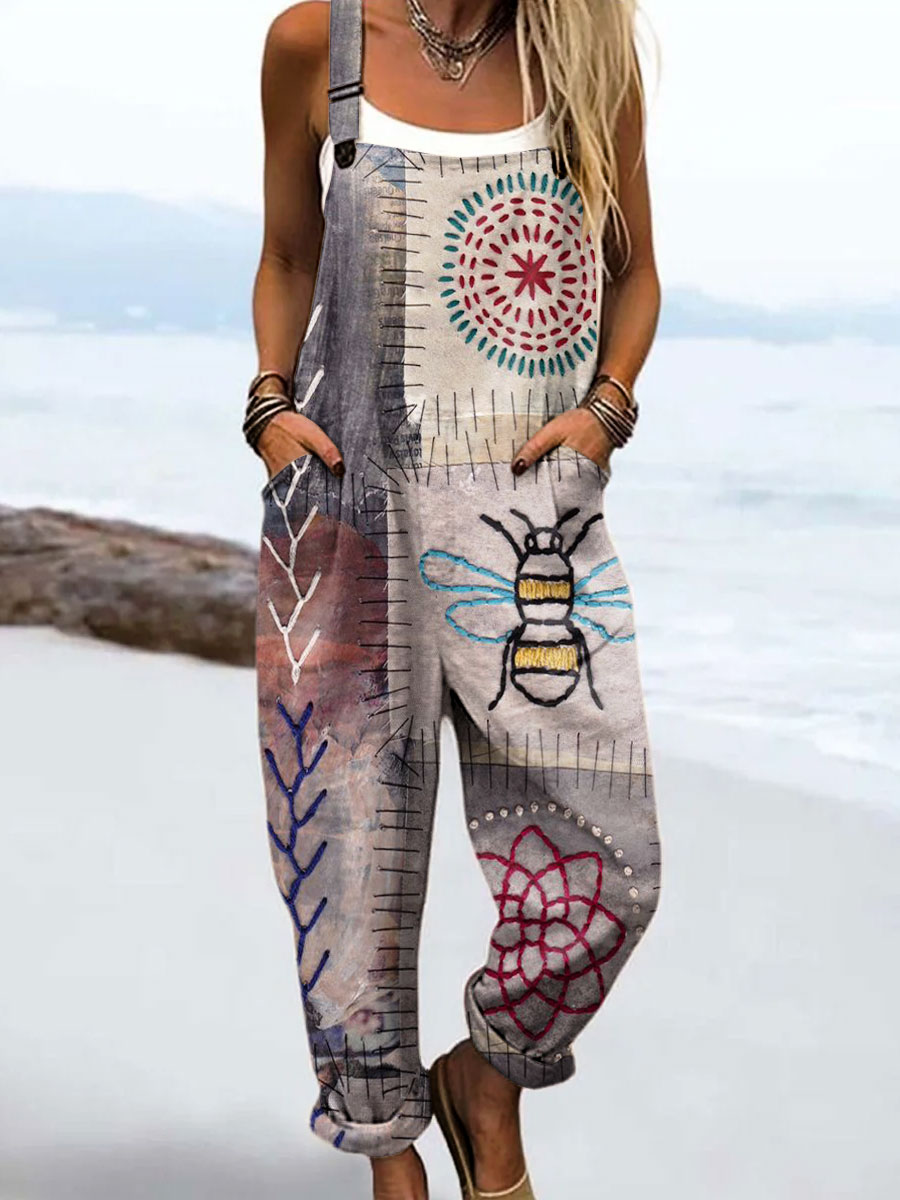 Women's Vintage Abstract Patchwork Flower Animals Art Print Casual 100% Cotton Wide Leg Jumpsuit
